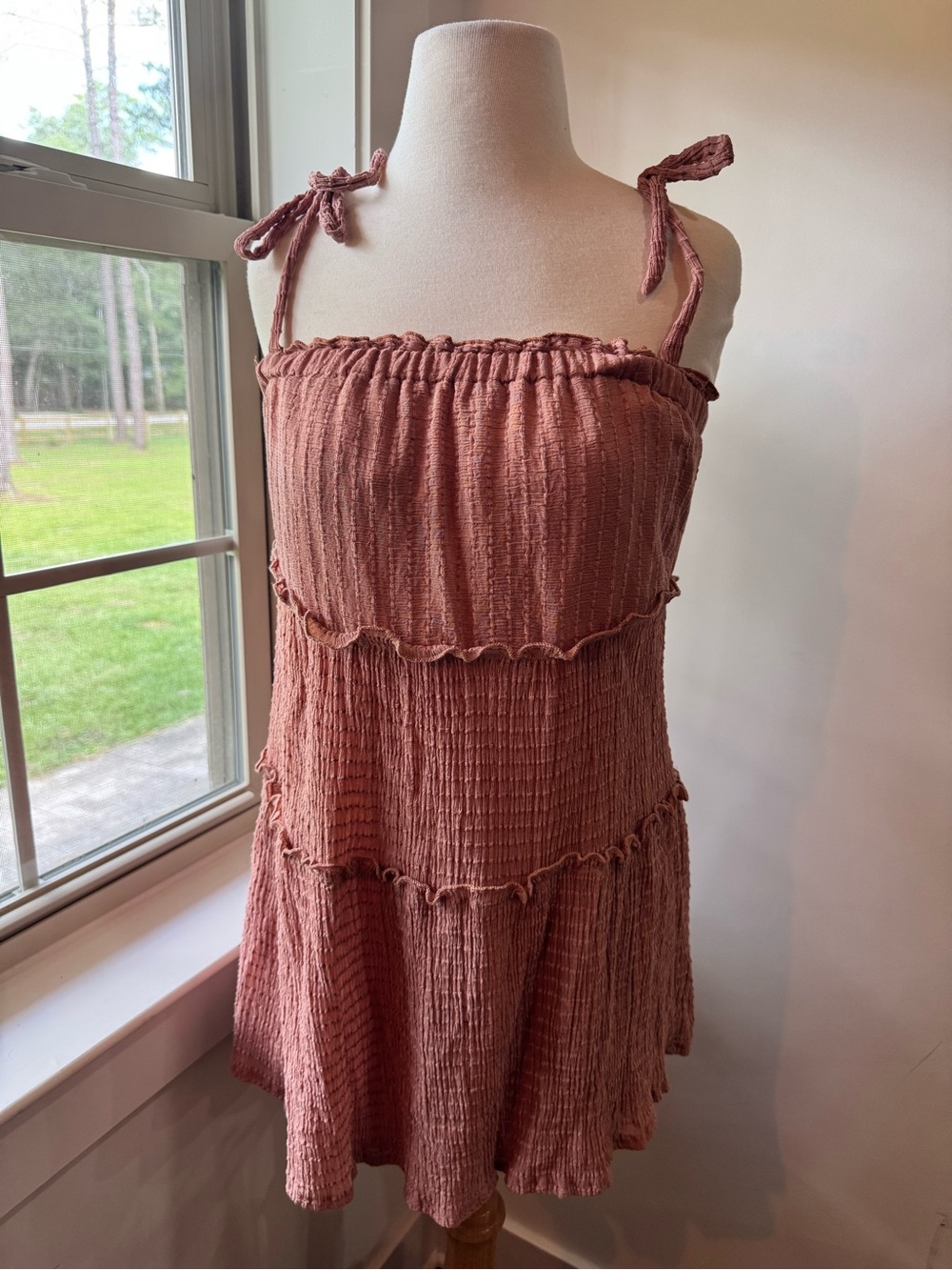 Smocked Tie-Shoulder Mini Dress in Dusty Rose